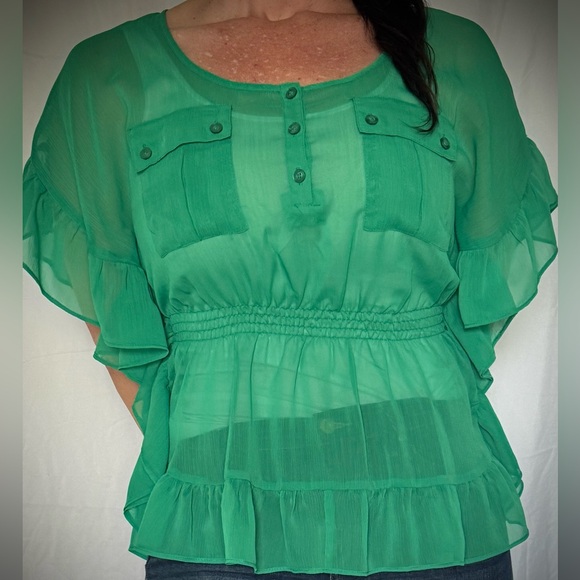 Candies Kelly Green Light Weight Ruffle Top with Ruched Waist - Picture 1 of 6